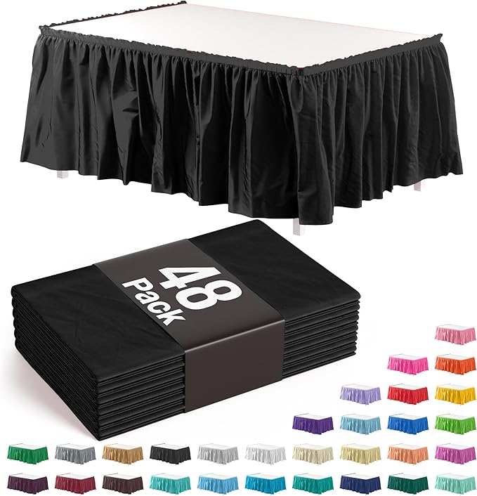 Exquisite Ruffle Table Skirt Black 48 Pack 14 Ft Long Table Skirts for Rectangle Tables 6ft Plus or Round Tables Skirts with Adhesive Strip for Gender Reveal Decor & Happy Birthday Parties
