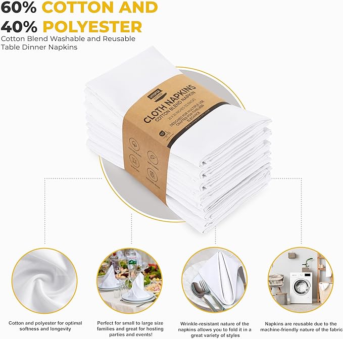 Utopia Kitchen White Cloth Napkins [12 Pack, 20x20 Inch] Absorbent Cotton Blend Washable and Reusable for Dinner, Restaurant, Lunch, Wedding and Hotel