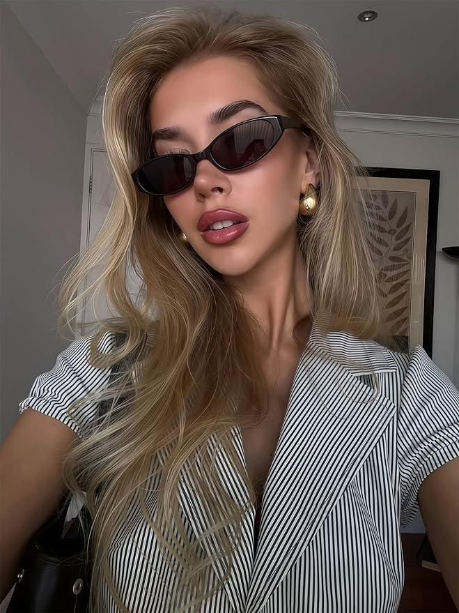 Retro Oval Sunglasses for Women Chic Cat Eye 90s Sunnies Lightweight Narrow Shades Trendy UV protection Sun Glasses