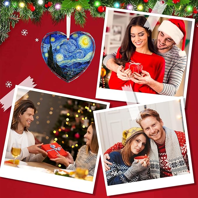 Starry Night Heart Christmas Ornaments, Crystal Glass Art Ornament for Tree, Elegant Artist Ornament Gift with Gift Box, Romantic Heart Ornaments for Christmas Tree Decoration