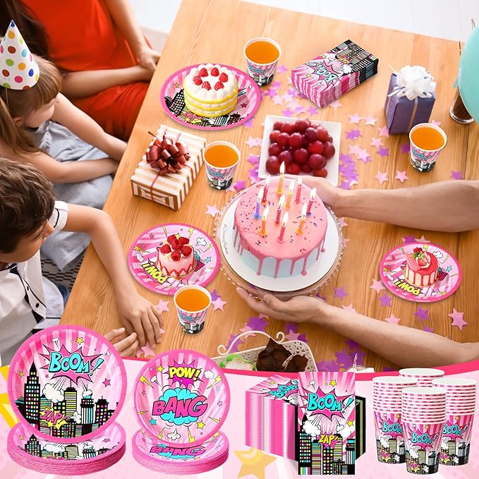 250 Pcs Girl Hero Birthday Decoration Pink Comic Girl Hero Paper Plates Napkins and Cups Power Halloween Theme Party Tableware for Birthday Baby Shower Party Supplies, Serves 50