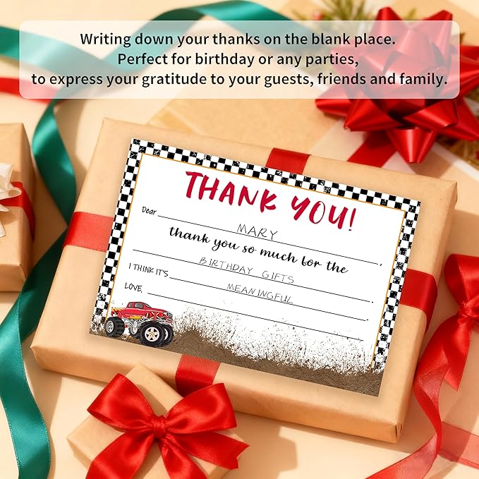 Kids Thank You Card, Truck Theme Thank You Notes, Racing Greeting Card With Envelope, Birthday Wedding Graduation Christmas Party Favors Supplies Decor(20 Pcs)-03