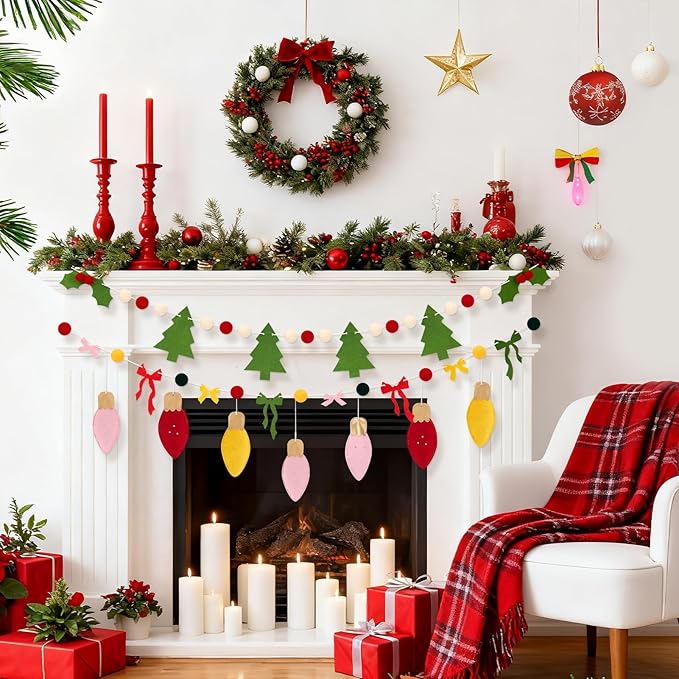 SUNBEAUTY Felt Christmas Garland Banner Pom Pom Garland Christmas Felt Xmas Tree Bells Bow Red Green White Christmas Ornaments for Wreath Home Indoor Outdoor Window Party Xmas Decorations