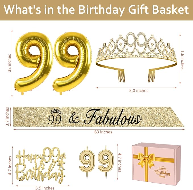 99th Birthday Decorations for Women Gold with 99th Birthday Sash and Tiara, Cake Topper and Candles, Number Balloons, 99 Year Old Gifts for Women