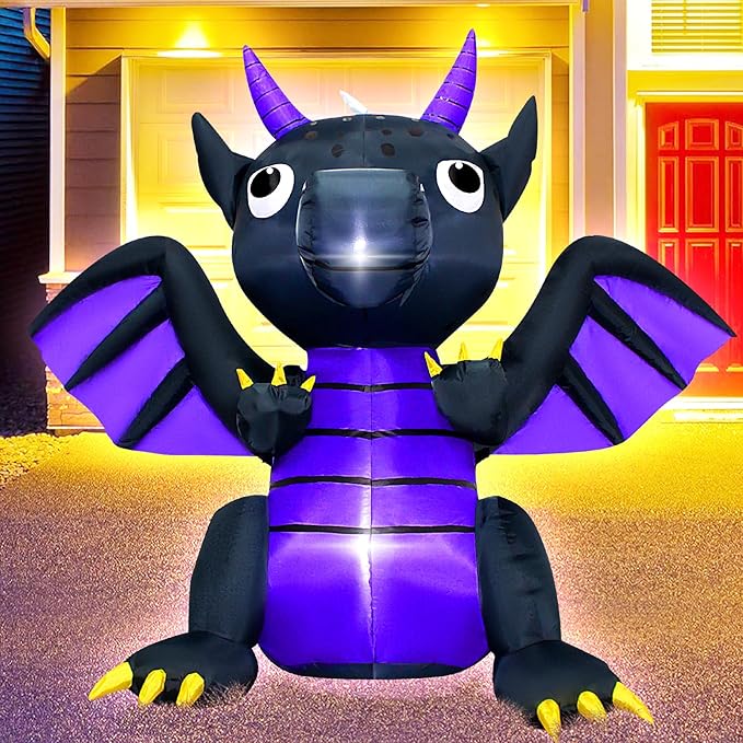 4FT Halloween Pterosaur Blow up Dinosaur Halloween Inflatable Black Purple Dragon Halloween Dragon Inflatable Decoration with LED Lights Outdoor Indoor Holiday Graden Yard Decor