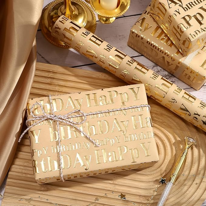WRAPAHOLIC Jumbo 3D Kraft Birthday Wrapping Paper Roll - 30 Inch x 16.5 Feet - Gold and Brown Happy Birthday Wrapping Paper with Embossed Perfect for Holiday, Party Celebration