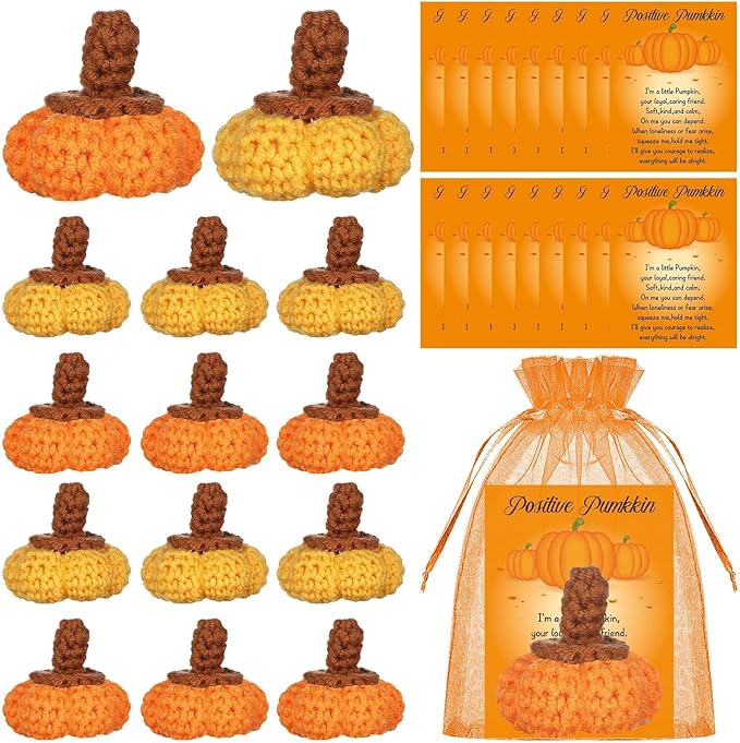 20 Sets Thanksgiving Mini Knit Pumpkin Ornaments Wool Felt Fabric Decorative Fall Pumpkins Crafts Positive Cards Organza Bags Table Hanging Decor for Autumn Party Home Shelf Wall Centerpieces