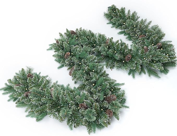 9FT Prelit Christmas Garland Decorations 50 led Snow Christmas Garland with Lights Battery Operated with Timer for Outdoor Indoor, Home Decoration Mantle Stairs Railing Fireplace Outdoor Indoor Door