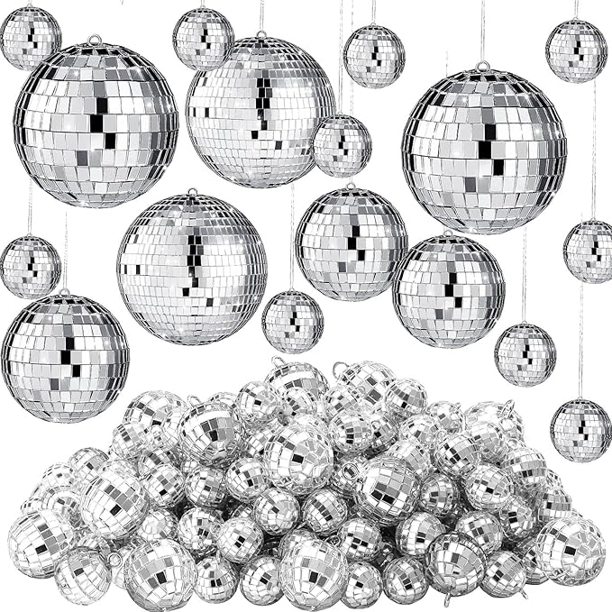 65 Pcs Disco Balls Decorations Assorted Size Disco Ball Ornament Reflective Hanging Mirror Ball Mini Large Silver Balls for Christmas Party Wedding Dance Ballroom Stage(4/2.4/2/ 1.6/1.2 in)