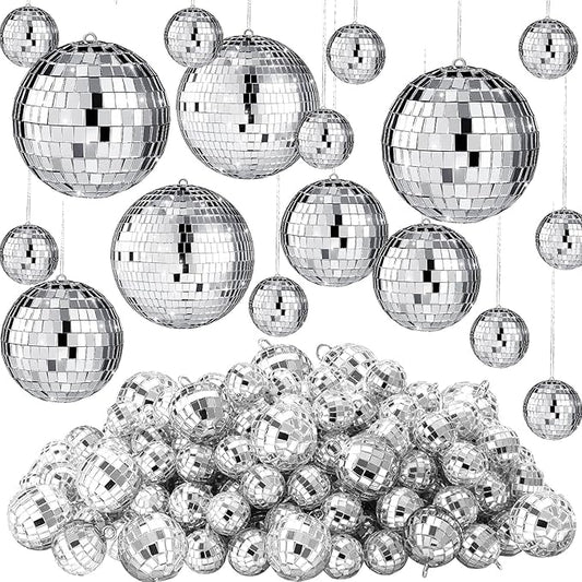 65 Pcs Disco Balls Decorations Assorted Size Disco Ball Ornament Reflective Hanging Mirror Ball Mini Large Silver Balls for Christmas Party Wedding Dance Ballroom Stage(4/2.4/2/ 1.6/1.2 in)