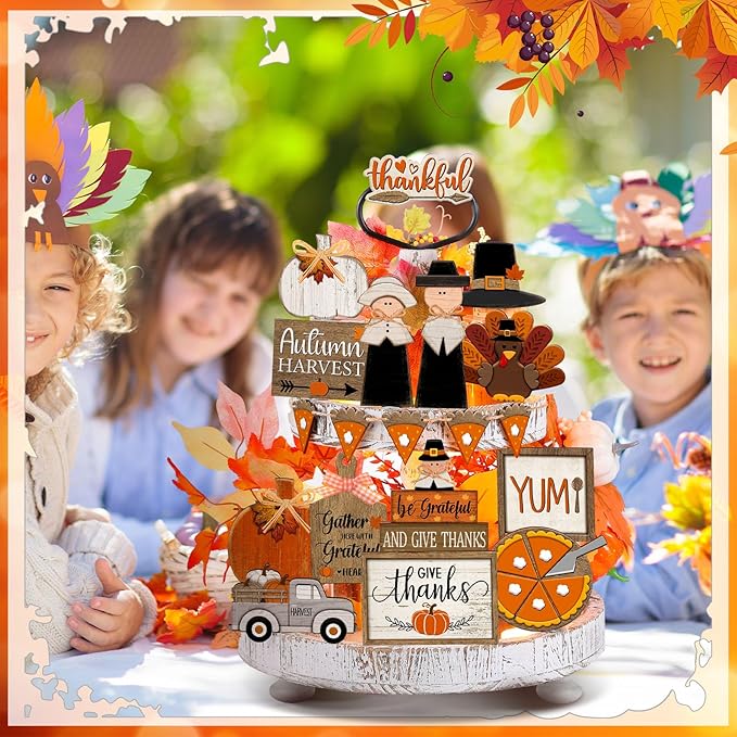21 Pcs Thanksgiving Tiered Tray Decoration Set Fall Thanksgiving Table Sign Turkey Pumpkins Farmhouse Decor Gnome Maple Leaves Centerpieces Harvest Wood Blocks Tabletop Signs for Autumn