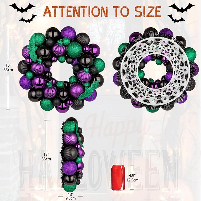 Halloween Wreath for Front Door, 13 inch Small Halloween Ball Wreath with Pumpkins Bats Shatterproof Front Door Wreaths Green/Purple/Black Ball Ornament for Wall Mantel Porch Indoor Outdoor Decor