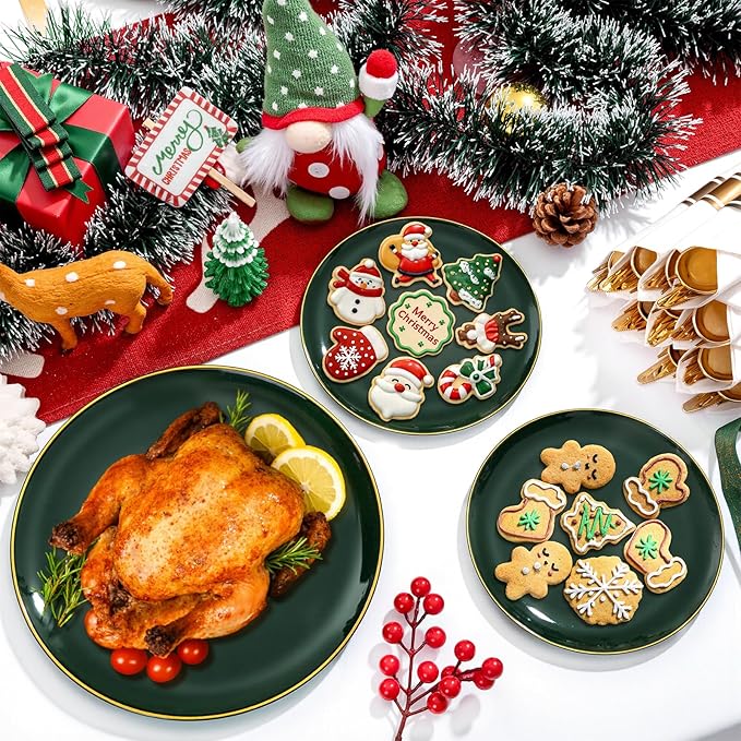 KIRE 350PCS Green Plates Disposable - Heavy Duty Christmas Plates - 50Guest Include Green Plastic Dinnerware - Pro Rolled Napkins with Gold Silverware and Cups for Christmas&Party
