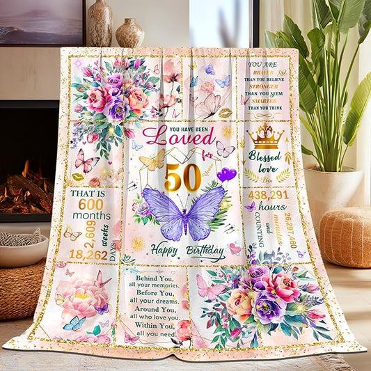 50th Birthday Gifts for Her Women, 50 Year Old Gifts for Women, Soft Purple Butterfly Flower Blanket for Anniversary Christmas, 50th Birthday Decorations for Woman, Warm Plush Fuzzy Blanket 80"X60"