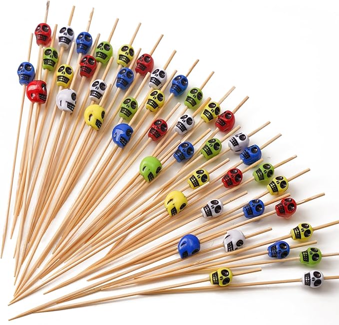 PuTwo Cocktail Picks Handmade Bamboo Toothpicks 100ct 4.7" in Multicolor Skulls