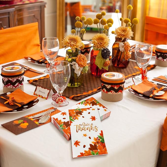 100Pcs Thanksgiving Napkins 3-Ply Disposable Fall Guest Paper Napkins for Thanksgiving Harvest Holiday Party,Give Thanks Autumn Maple Leaves Hand Paper Towels for Bathroom Kitchen Dinner Home Supplies