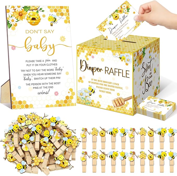 102 Pcs Baby Shower Game Supplies Diaper Raffle Tickets with Diaper Raffle Card Box Don't Say Baby Sign Mini Clothespin Shower Game Decor for Gender Reveal (Bee)