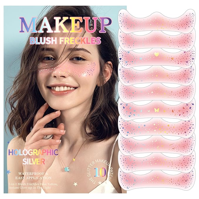 10PCS Glitter Freckles Face Tattoos, 2 in 1 Pink Blush Holographic Face Temporary Tattoos, Long Lasting Waterproof Glitter Makeup Patches for Women