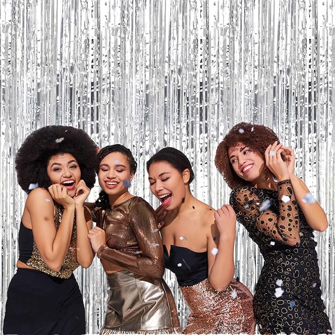 Silver Foil Fringe Curtains Metallic Tinsel Shimmer Curtain Party Backdrop Decorations,Pack of 4