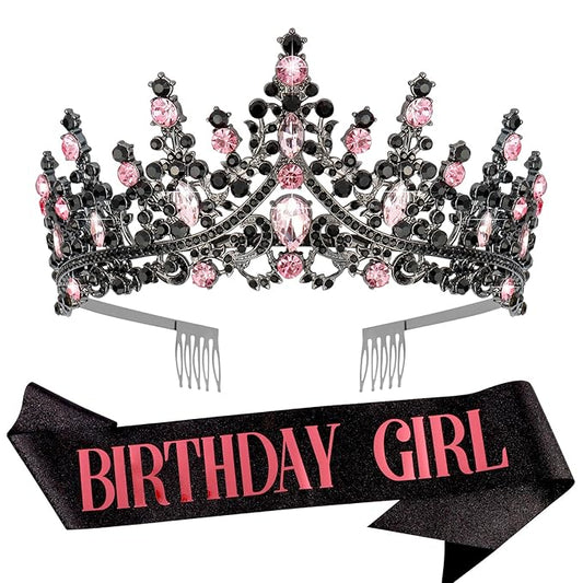 Velscrun Pink-Black Crystal Birthday Tiara Crowns for Women Girls Elegant Princess Crown with Combs Birthday Girl Headband Sash Happy Birth Party Decorations Birth Gift Hair Accessories