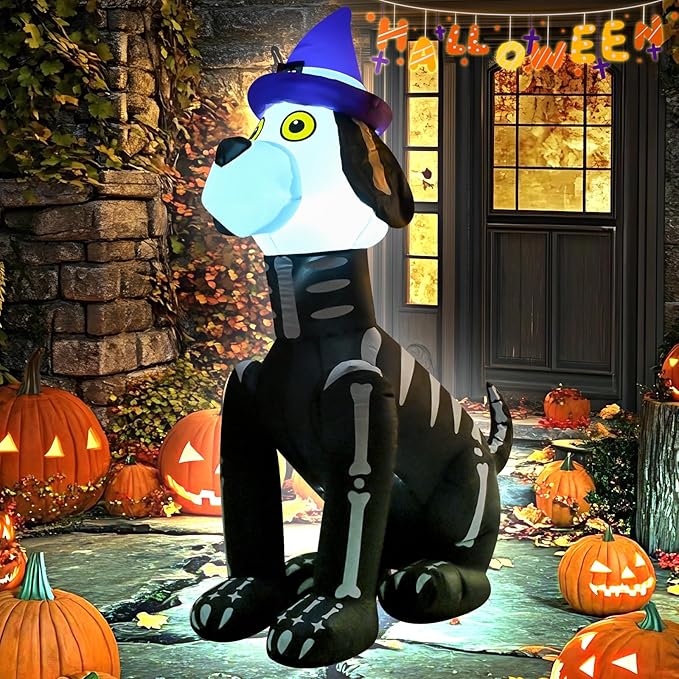 4FT Halloween Skull Dog Inflatable Decoration Blow up Halloween Skeleton Black Dog Decoration with LED Lights Indoor Outdoor Yard Graden Party Holiday Decor