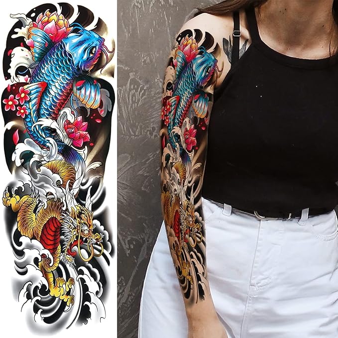 Realistic Fish Temporary Tattoo Sleeve for Women Leg, 4-Sheet Full Arm Color Fish Flower Fake Tattoo Sleeve Adult Girl and 4-Sheet Large Fish Floral Half Temp Tatoo Sticker Thigh Makeup Body Art