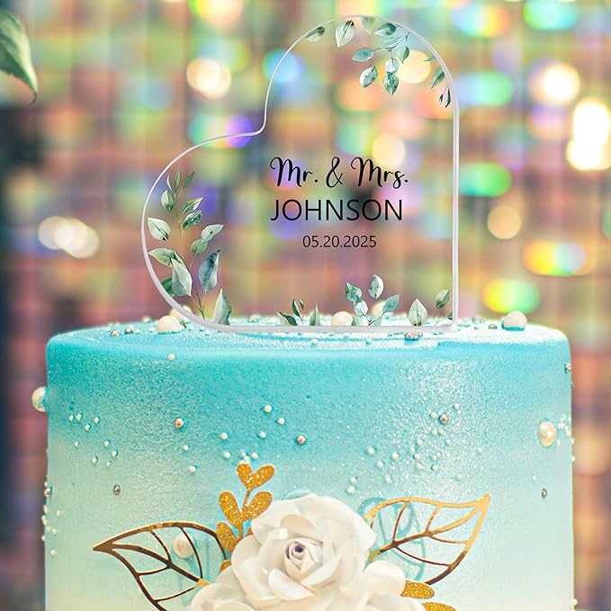 Custom Wedding Heart Acrylic Plaque,Mr & Mrs Cake Topper,Personalized Wedding Keepsake/Gift/Sign (Style 2)
