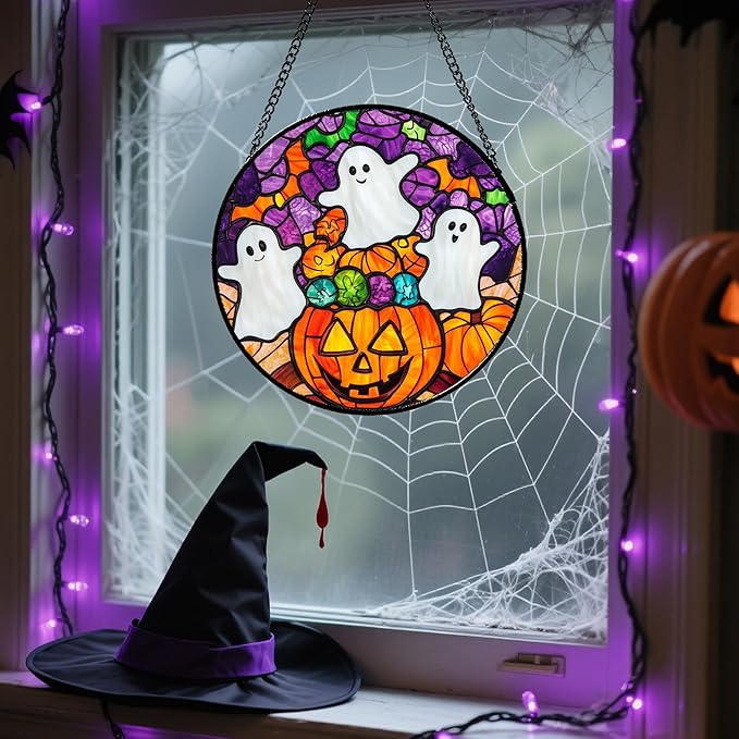 Stained Glass Window Hanging Halloween Horror Pumpkin White Ghost 11.8" - Suncatcher Door Garden Sunroom Gothic Style Sun Catcher Birthday for Friend Mom Men Woman Nana