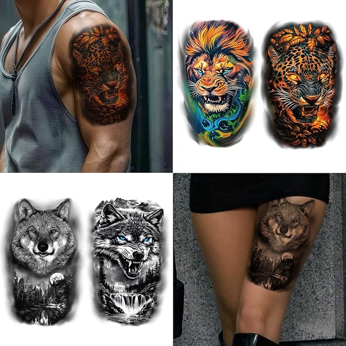 36 Sheets Temporary Tattoo for Men Women Adults, 12 Sheets Large Size Black 3D Half Sleeve Fake Tattoos, Halloween Tattoos Scary Lion Wolf Tiger PantherSnake Skull Skeleton Tattoos Stickers