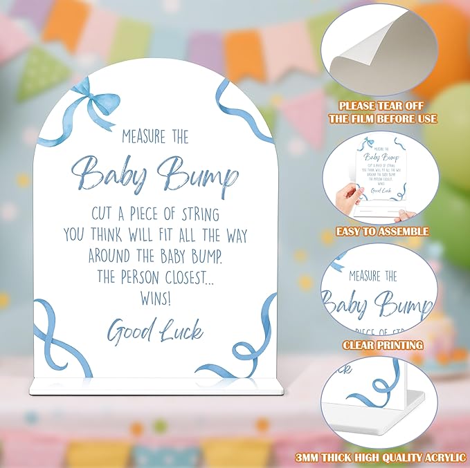 Baby Shower Games - Blue Bow Measure The Baby Bump Game, 1 Arch Acrylic Sign and 50 Guessing Cards, Gender Reveal Game, Blue Baby Shower Decoration Supplies (DP02)