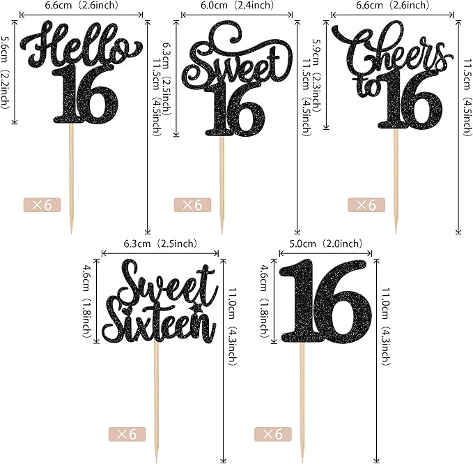 30PCS Happy 16th Birthday Cupcake Toppers Glitter Sweet Sixteen Hello 16 Cupcake Picks Cheers to 16 Birthday Decorations for 16th Birthday Anniversary Party Cake Decoration Supplies Black