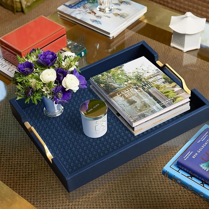 HofferRuffer Faux Leather Rectangle Serving Tray Decor Platter with Gold Metal Handles for Coffee Table, Breakfast, Tea, Food, Countertop, Kitchen, Butler Tray, 16.2 x 12.2 x 2 inches (Navy Blue)