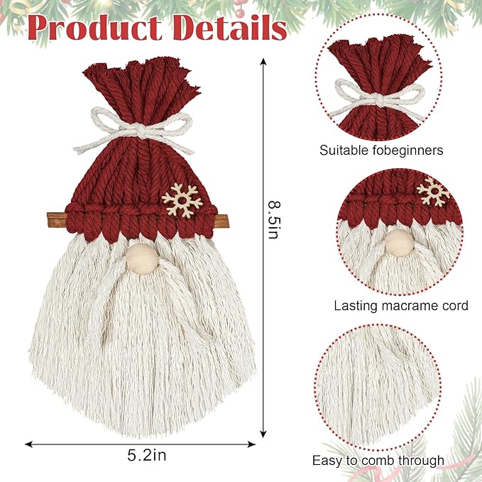 6 Set DIY Christmas Macrame Gnomes Santa Claus Kit, Christmas Handmade Knitted Gnome Ornaments with Pinecone Snowflake Cane Hat Hanging Gnomes Craft for Xmas Tree Holiday Party Decor with Instruction