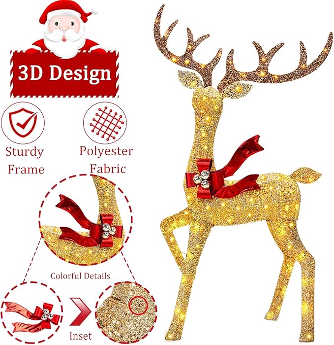 2025 New 3D 58 Inch Outdoor Lighted Reindeer Decorations, 3-Piece Christmas Deer Family Set, Large Christmas Deer Decoration with 210 LED Flashing Lights for Yard, Lawn, Gold