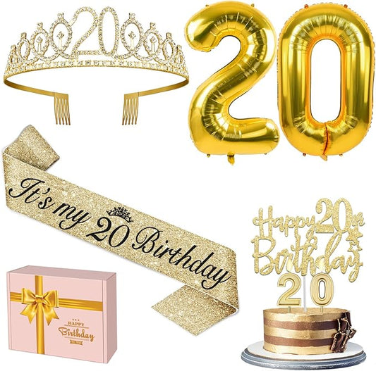 20th Birthday Decorations for Women Gold with 20th Birthday Tiara and Sash, Cake Topper and Candles, Number Balloons, 20 Year Old Gifts for Women