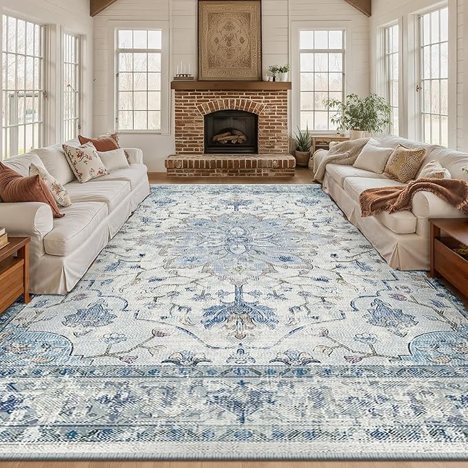 Area Rugs 10'x14' Washable Non-Slip, Floral Vintage Distress Print Pattern Medallion Carpet for Living Room Bedroom Dining Room, Light Blue Navy Beige Gray White