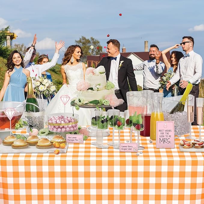 WNINK 4 Pack Orange and White Checkered Rectangular Plastic Tablecloths, Orange Gingham Waterproof Disposable Table Covers 54" x 108" for Birthday, Wedding, Outdoor Picnic Camping Parties