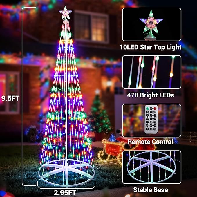iBaycon Christmas Tree Star Lights, 9.5FT 478 LEDs Color Changing Artificial Lights with Remote Control Timer Outdoor Waterproof for Home Party Christmas Decorations (Warm White to Multicolor)