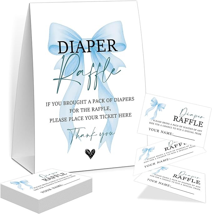 Blue Bow Baby Shower Diaper Raffle, Baby Shower Game, Include One 5×7 Sign and 50 Diaper Raffle Tickets, Blue Coquette Bow Gender Reveal Party Decoration Supplies - FG18