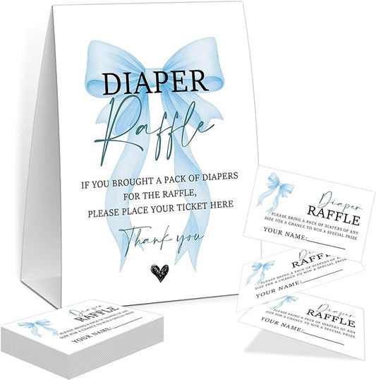 Blue Bow Baby Shower Diaper Raffle, Baby Shower Game, Include One 5×7 Sign and 50 Diaper Raffle Tickets, Blue Coquette Bow Gender Reveal Party Decoration Supplies - FG18