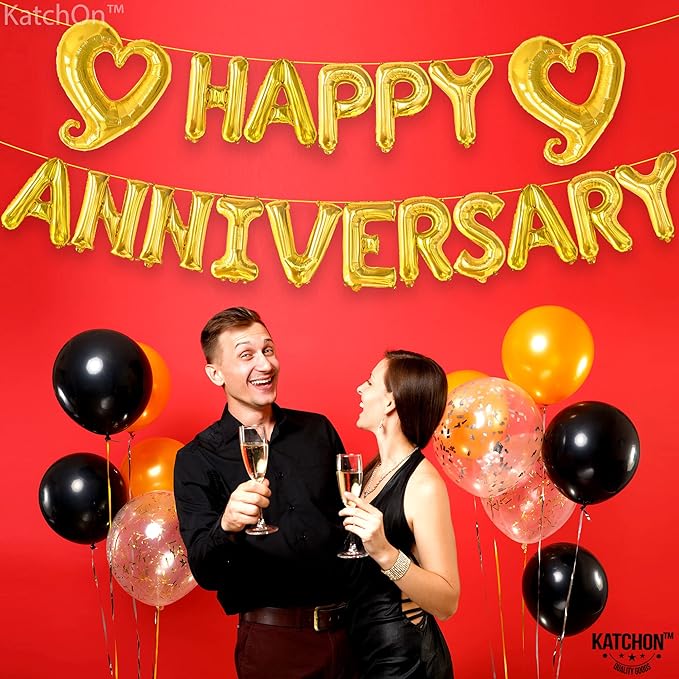 KatchOn, Gold Happy Anniversary Balloons Letters - 18 Inch, Heart Balloons Foil | Gold Happy Anniversary Banner for happy anniversary Decorations