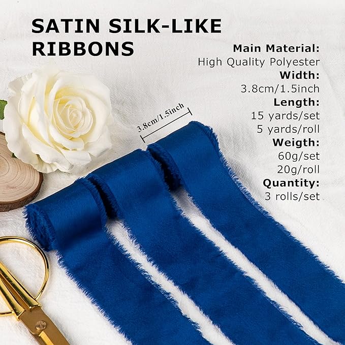 Satin Silk Ribbon, Royal Blue Ribbon for Wrapping, 1-1/2 inch x 15 Yd Handmade Frayed Fringe Ribbons, for Wedding Engagement Graduation Showers Crafts Bouquets Invitation Decor, 3 Rolls