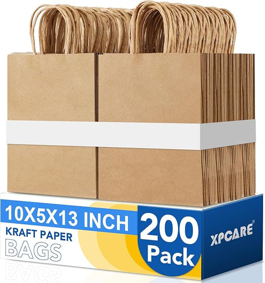 XPCARE Large Brown Paper Bags, 200 Packs 10x5x13 Inch Gift Bags with Handles Bulk Paper Bag with Handles Retail Kraft Paper Bag Brown Gift Bags for Wedding Party Shopping