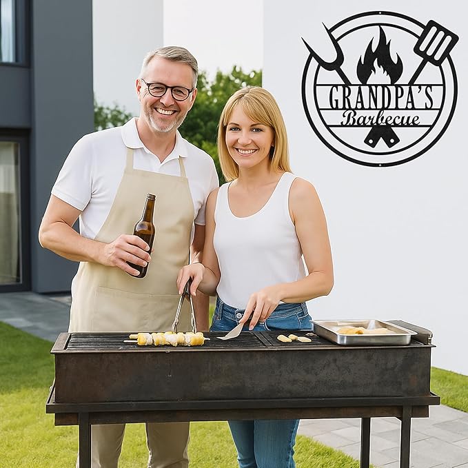 Custom BBQ Metal Sign Personalized Grill Name Wall Art for Outdoor Kitchen Patio Backyard Decor Fathers Gift for Dad Grandpa Husband Barbecue Smoker Area Sign, Grilling Lover Gifts 69