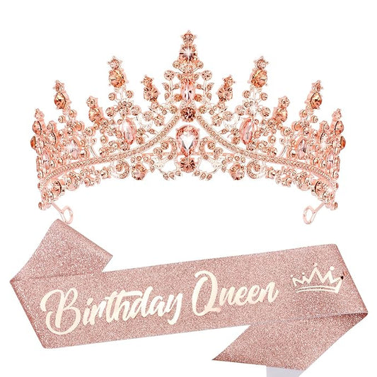 VELSCRUN Birthday Queen Tiara Crowns for Women Girls Rose Gold Crystal Birthday Queen Headband Sash Elegant Princess Crown Happy Birth Party Decorations Mom Sisters Birth Gift Hair Accessories