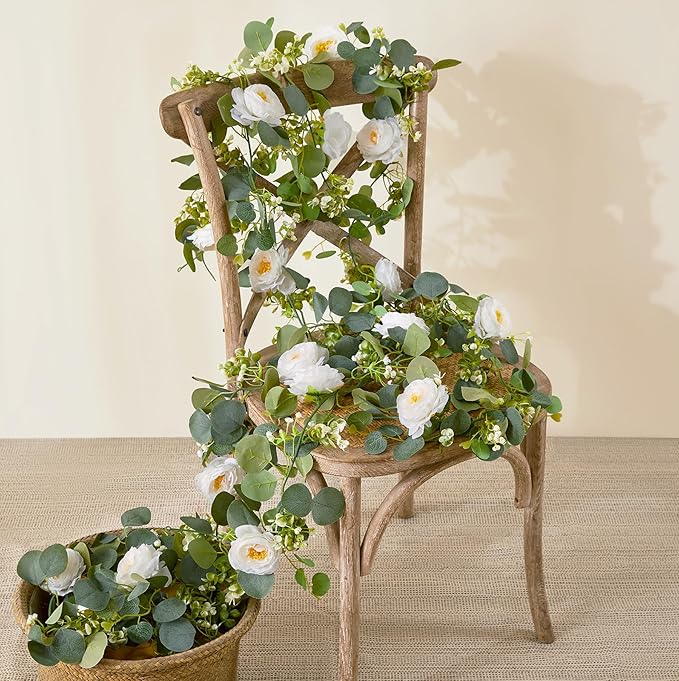 2 Pack 12Ft Artificial Eucalyptus Flower Garland with White Roses, Faux Floral Greenery Garland Fake Flower Vines for Wedding Party Centerpiece Table Runner Arch Party Decor (2PCS,White