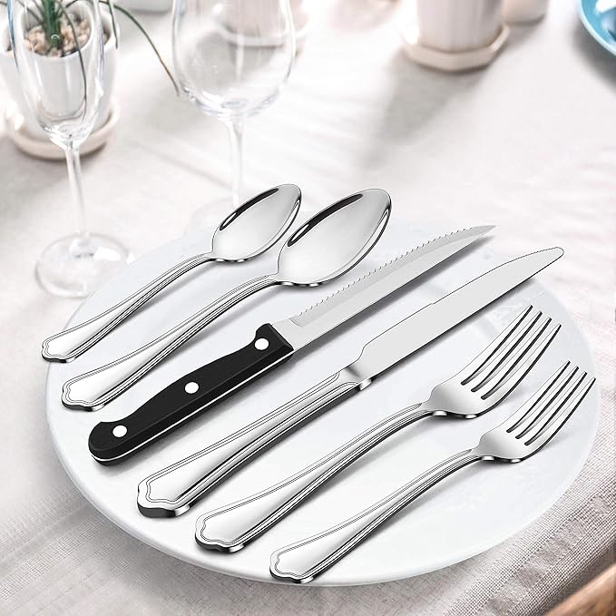 LIANYU 29-Piece Silverware Flatware Set for 4, Plus Steak Knives and Serving Utensils, Stainless Steel Cutlery Set, Eating Utensils Tableware with Scalloped Edge, Dishwasher Safe