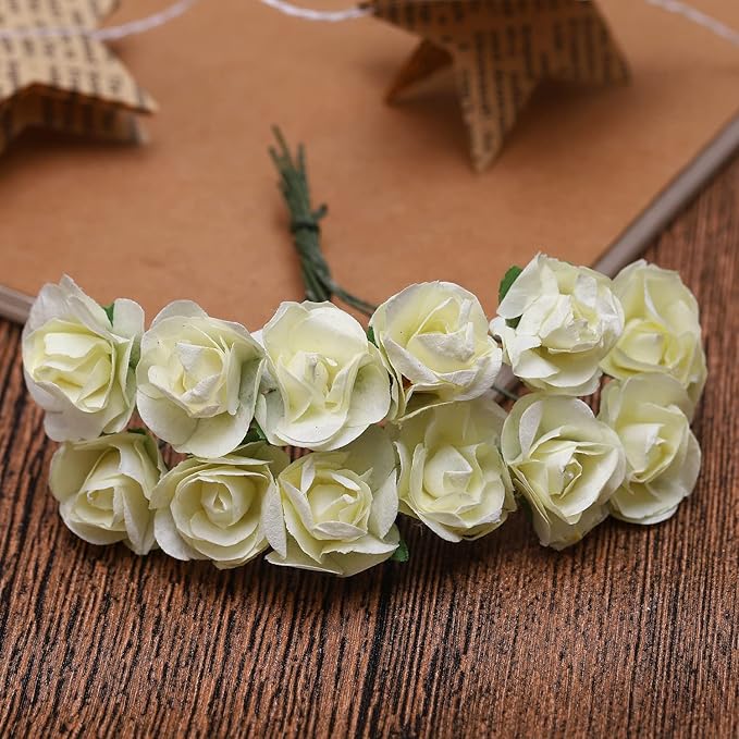 144pcs Mulberry Paper Mini Roses Artificial Flowers Heads with Stems for DIY Crafts Accessories Make Bridal Hair Clips Headbands Dress Wedding Bridal Bouquet Party Home Decor Valentine's (Ivory White)