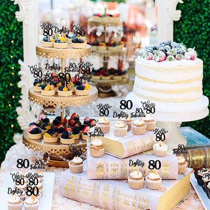 30PCS Happy 80th Birthday Cupcake Toppers Glitter Eighty Cheers to 80 Years Old Birthday Cupcake Picks Hello 80 Fabulous Cake Decorations for Happy 80th Birthday Anniversary Party Supplies Black