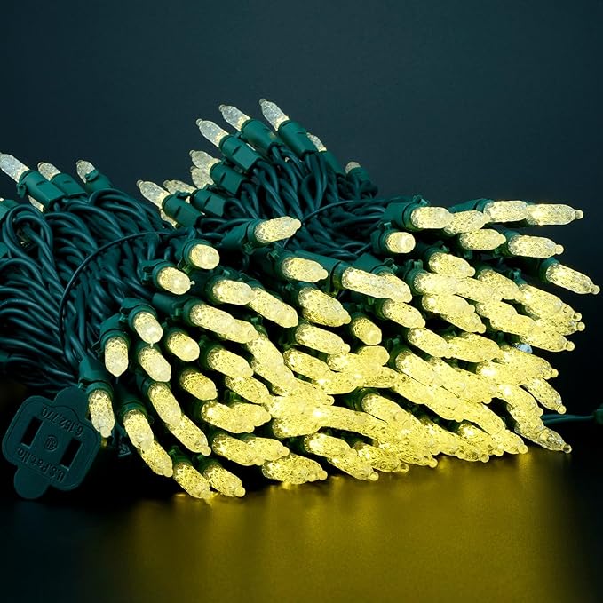 YULETIME Warm White Faceted LED Christmas Lights 200 Count 50 ft, Pack of 2 Strands 25 ft 100 Lights UL Certified Commercial Grade Green Wire Holiday String Light Set (Warm White)